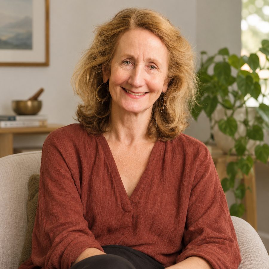 Angela Markham, therapist, smiling in her consulting room